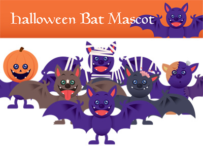 Halloween Bat Mascot animal bat character color frankenstein fun funny halloween mascot mummy pumpkin scary simple werewolf wing zombie