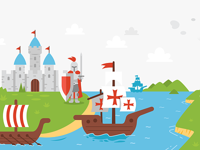 Nacely Webpage - Human History illustration 3/5 adventure america cartoon castle colombo creative design discovery flat homepage illustration knight landing page medieval sea ship travel ui vector webpage