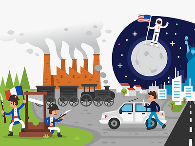 Nacely Webpage - Human History illustration 4/5 cartoon colorful design flat french history homepage humanity illustration industry modern moon moon landing night space statue of liberty train ui vector webpage