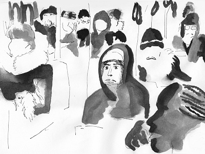 Black watercolor portrait of people on bus