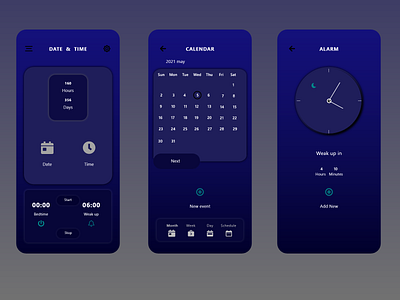 Date & Time Mobile app ui - dark Theme.