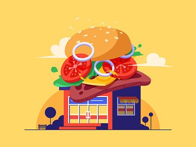 Burger Shop Illustration building burger cheese design flat hamburger illustration shop splash store tomato website
