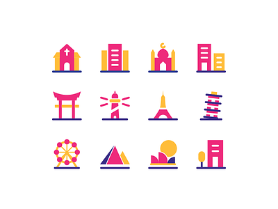 Building and Landmarks building icon church colors eiffel tower hotel icon icon design icon set illustration italia japanese gate landmark icon lighthouse melbourne mosque pyramid