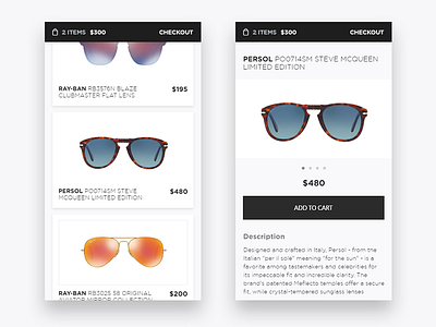 Sunglasses cart ecommerce mobile product products shades shop single product store sunglasses ui