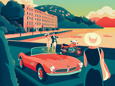 BMW Group Classic advertizing cars classic hero holiday illustration italy lake como luxury motorbike retro travel