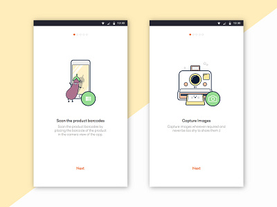 Onboarding screens app barcode camera design grocery illustration minimal mobile onboarding scanner shot ui