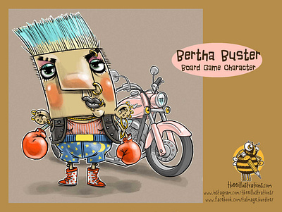 Bertha Buster boardgame boxing boxing gloves characterdesign childrens illustration digital art drawing illustration motorbike motorcycle