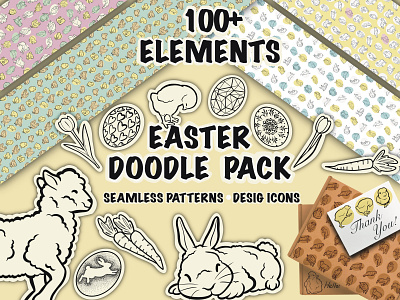 100+ Easter Doodle Pack branding bunndle bunnies bunny chicken design easter easter egg graphic design illustration seamless pattern sheep vector