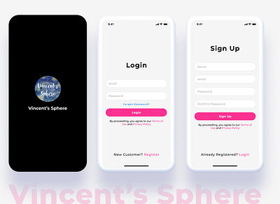 Ecommerce Vincent's Sphere App Splash/Login/Signup Screens android branding design e commerce e commerce ecommerce figma ios login react native signup splash ui ux