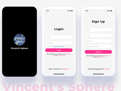 Ecommerce Vincent's Sphere App Splash/Login/Signup Screens