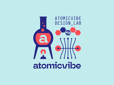 atomicvibe 2020 redesign - 03 a atomic blue branding bunsen burner chemistry data experimental type fire flame florence flask geometric graph hands hexagon lab laboratory monospaced red reverse contrast