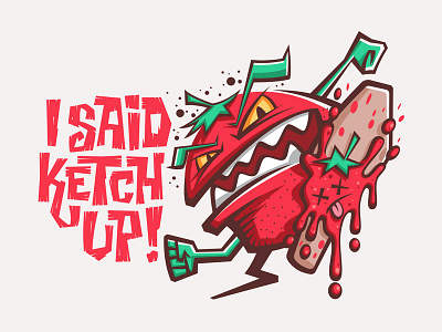 KETCH UP!!! angry character foot green illustration ketchup red squish sticker tomato
