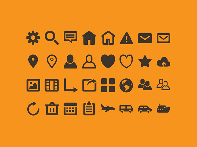 Icon set activities airplane boat boxes bus calendar car comment delete gallery heart home icons list message notification pin reply reset search settings share ship star trash travel upload user video world