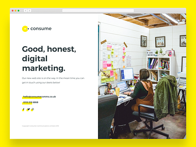 consume comms holding page brand design brand identity branding holding page ui ux web design website yellow