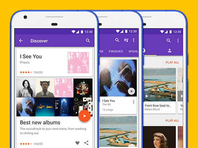 Music app screens app audio catalog discover discovery explore material material design music music app player playlist
