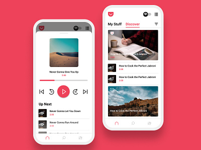 Pocket App Redesign - Audio Mode Exploration android app audio audio player bookmark books coffee icon listen mozilla pocket podcast reading typography ui ux