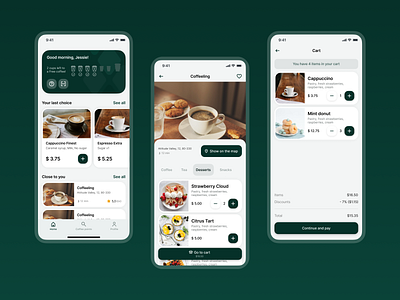 Pick cup - coffee shop app cart coffee coffee app deserts design home page mobile order ui