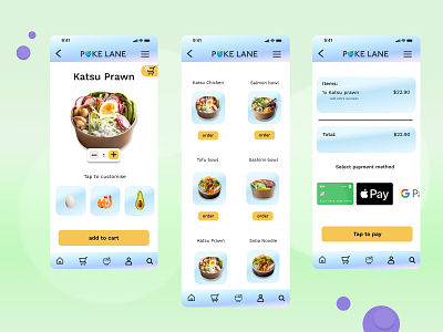 Poke Bowl Restaurant app android app app design card design interface interface design ios screens mobile mobile app mobile ordering payment ui uiux user experience ux ux design uxui