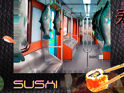 DIGITAL COLLAGE - Fish Mart collage design digital fish gradient illustration japan modern outrun style sushi vaporwave