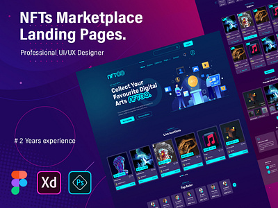 NFTs Marketplace Landing Page app template creative figma mobile app design modern photoshop ui uiux designer websitr design xd