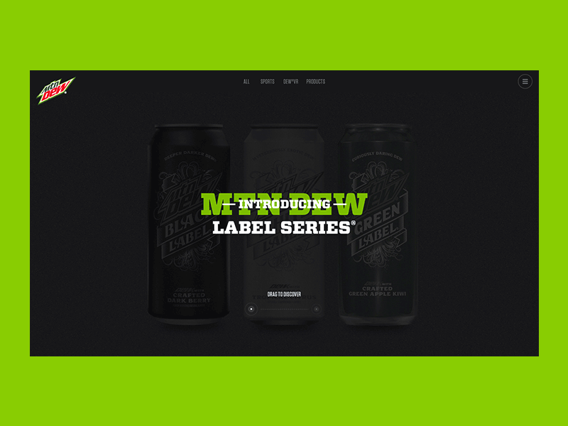 Mountain Dew — Label Series black bold bold font concept design green interface layout minimal mountaindew navigation ui user interface userinterface ux web design webdesign website white