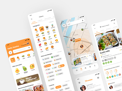 Food Search App Design app app design calories clean design explore filters food food search graphic design map mobile mobile app restaurant search ui ux