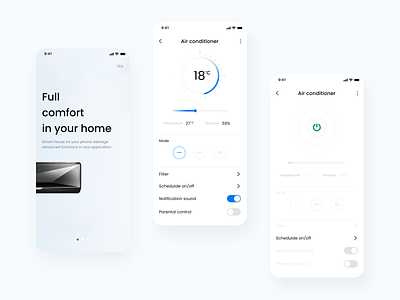 Smart Home app air conditioner app charts clean comfort design graphic design home house icon minimal minimalism mobile off on settings smart home temperature ui ux