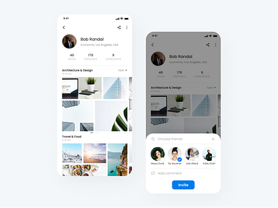 Social media app - profile albums app catalog comment dailyui friend graphic design influencer layout minimalism mobile photo profile search share sharing social media travel ui user