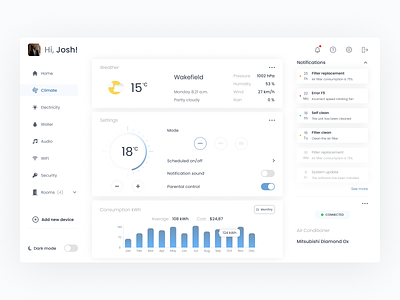 Home Monitoring Dashboard app bill comfort consumption kwh dailyui dashboard design device home minimalism mobile monitoring notifications profile settings smart tablet ui ux weather