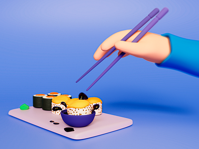 Grubby eating 3d asian food blender blue c4d cheese illustration rolls soft sushi