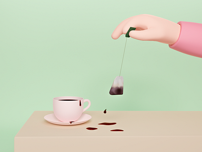 Grubby tea drinking 3d beige blender c4d cup divorces drinking drop green grubby hand pastel pink plate soft teabag