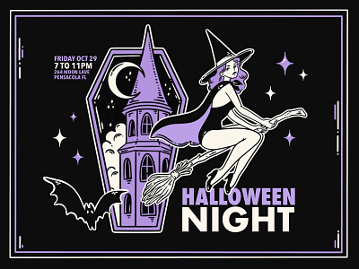 Halloween Night Invitation clipart digitaldrawing fall girl graphic design halloween holiday illustration ink invitation lineart logo magic nigth party vintage witch witchbroom