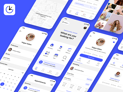 Novabooker Redesign app booking calendar cards dashboard gallery hairstyling icons ios light map menu professionals profile redesign salon search tabs ui ux