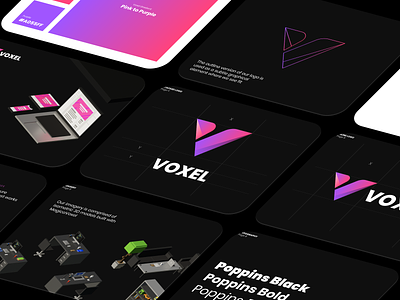 Voxel Brand Guideline 3d brand cards dark gradient guideline illustrations laptop logo model outline presentation shiny styleguide typography v voxel