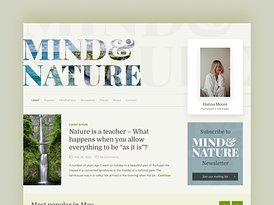 Mind & Nature Blog Design articles blog design green landscape light mind nature serif typography web
