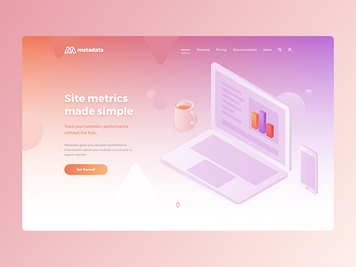 Metadata concept design gradient hero illustration isometric landing page laptop orange purple ui ux