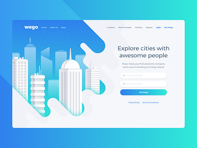 Wego blue buildings city explore gradients illustration light ui ux