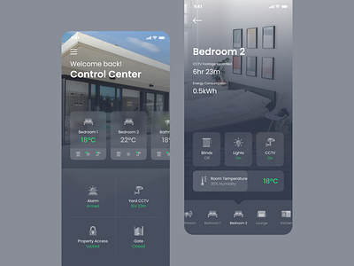 Home Control App app control dark dashboard gray home house ios mobile monitoring room temperature ui ux