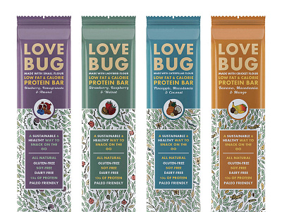 Love Bug, Insect Protein Bar bugs design drawing food illustration insect love bug packaging pattern design mythica product design protein bar art tale
