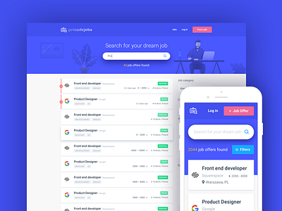 Getcodejobs — Homepage filters illustration job board list mobile offers responsive search tech website work