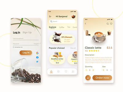 Coffee Shop UI app app design coffee coffee app coffee shop coffee shop ui design figma illustration home page login page product design ui user interface ux xd