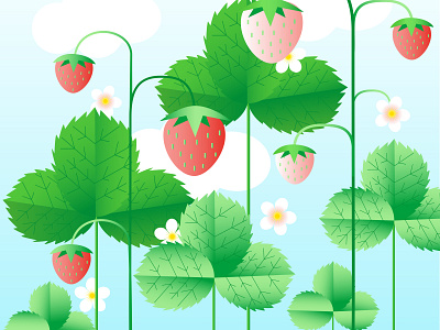 Summertime illustration with strawberries atmosphere berry botanical cartoon cute design flat illustration nature nature art pic plant strawberry summer summertime vector vibe wallpaper