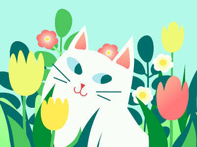 Сat in garden spring flowers adobe illustrator botanical cartoon cat design flat flowers illustration illustrator kitten nature nature art pets spring summer