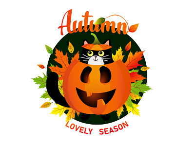 Hello Autumn badge adobe illustrator autumn badge cat fall flat graphic design halloween illustration illustrator lovely