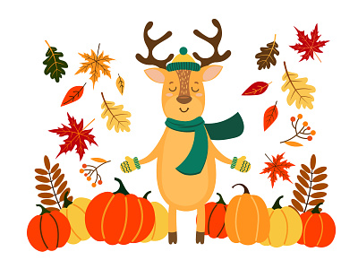 Cozy autumn deer adobe illustrator animal atmosphere autumn cozy cute deer fall flat illustration illustrator leaves