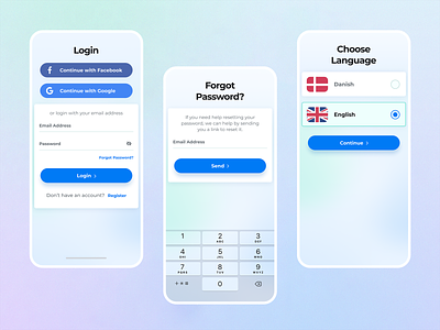 Mobile App - Login UI android app design change password choose language create account forgot password glassmorphism ios language login minimal register reset password signup wireframe