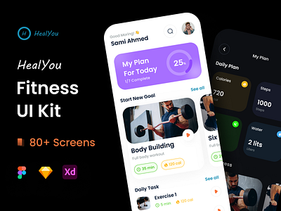 Heal You - Fitness App UI Kit app design app ui kit fitness app fitness app design fitness app kit free ui resource health and fitness app health app ui design ui kit ui resource uihut