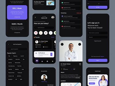 Doctor App UI Design Dark V. - Savior Care app ui kit apps apps ui colorful ui resource design doctor app ui kit trendy design 2022 ui ui kit ui resource uihut