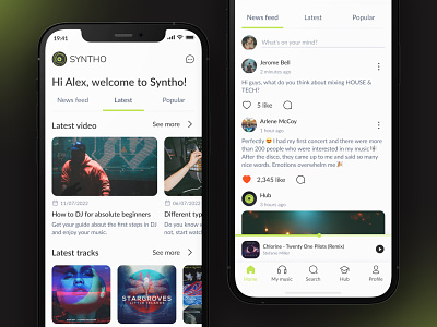 SYNTHO - Education app for musicians apiko app application audio audioplayer branding dj feed green learning logo music news newsfeed player podcast sound track ui ux