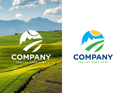 Sunny Agriculture Beside The Mountains Logo agriculture branding eco ecology farm healthy logo logo design logo for sale modern logo mountains organic organic food sustainability tourism travel